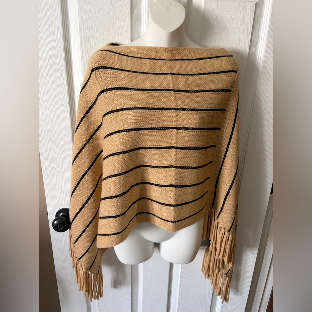 Simplee Tan / Black Striped Fringe Shawl Poncho Women’s